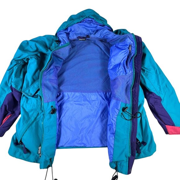 VTG Patagonia Long Jacket Full Zip Turquoise Adult Sz Large Hood Zip Pockets - Picture 6 of 15